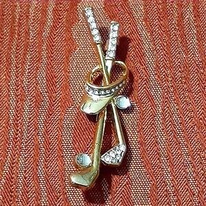 Golf Club/Hat Brooch/Pin Gold Tone Rhinestone